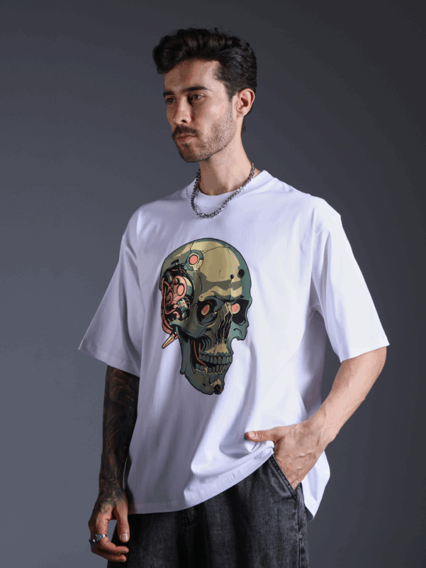 Robo Skull Printed Oversized T-Shirt.