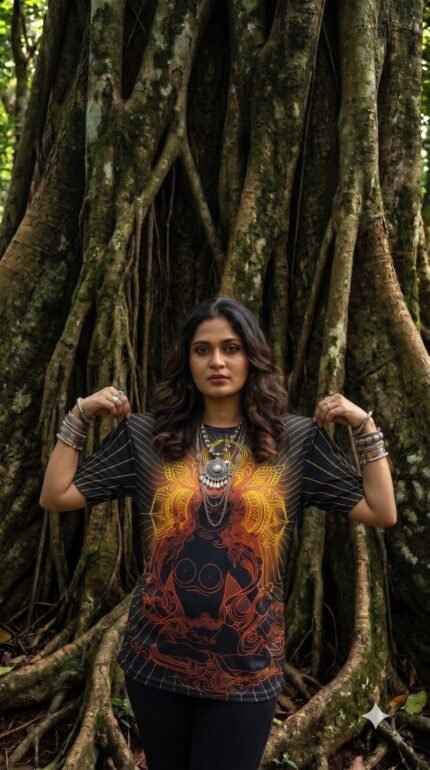 Kaali design graphic T-shirt featuring Maa Kali inspired artwork with radiant gold and orange lines on a dark shirt.