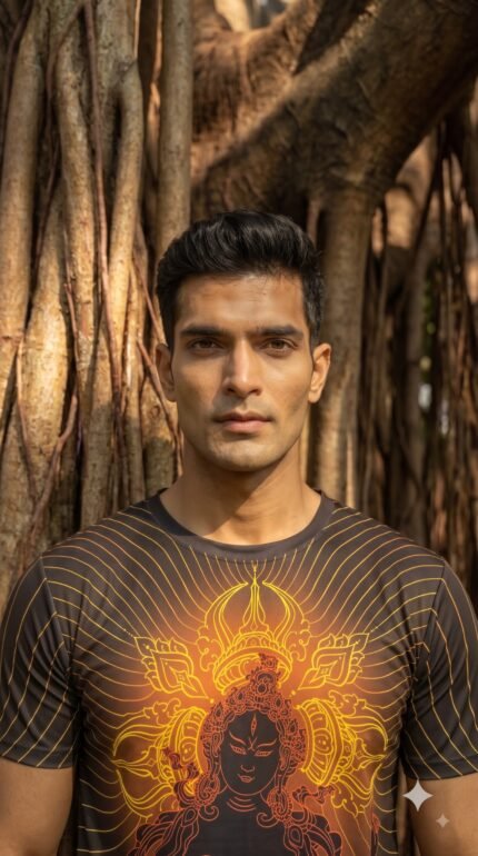 Kaali design graphic T-shirt featuring Maa Kali inspired artwork with radiant gold and orange lines on a dark shirt.