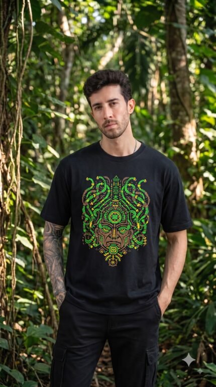 Black Shaman Design T-Shirt featuring a psychedelic tribal face with intricate green, brown and golden yellow patterns.