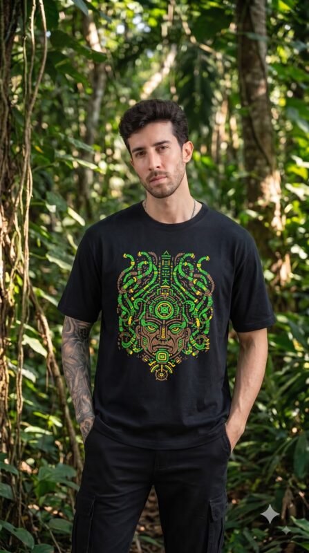 Black Shaman Design T-Shirt featuring a psychedelic tribal face with intricate green, brown and golden yellow patterns.